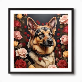 German Shepherd Roses art Art Print