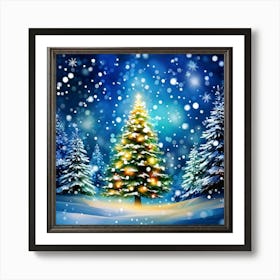 Abstract Digital Painting Of A Christmas Tree Branch Framed With Gently Falling Snowflakes Fir Tre Art Print