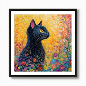 Black Cat In Flowers 3 Art Print