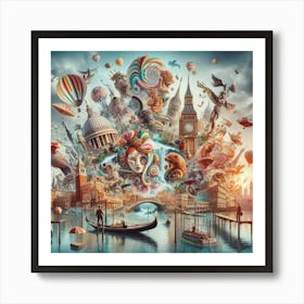 Surreal Digital Collage Merging Iconic Landmarks From Around The World With Whimsical Elements, Style Digital Surrealism 3 Art Print