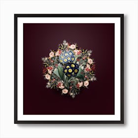 Vintage Mountain Cowslip Flower Wreath on Wine Red n.2404 Art Print