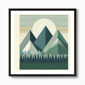 Title: "Zenith Over Geometry: A Modernist Landscape"  Description: "Zenith Over Geometry: A Modernist Landscape" depicts the tranquil harmony of a stylized sun at its zenith above a range of angular mountains. This piece features a blend of cool and warm neutral tones, with layered shapes creating a sense of depth and perspective. The geometric form of the mountains contrasts with the soft roundness of the sun and the delicate pine forest at their base. Horizontal lines in the sky lend a retro-modernist feel to the composition, while the dotted texture of the sun adds a tactile element. Set against a vintage cream background, the artwork is a nod to both the simplicity of nature and the sophistication of minimalist design, ideal for spaces that celebrate calmness and thoughtful composition. Art Print