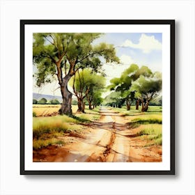 Watercolor Country Path Tall Olive Green Trees Lining The Country Path Landscape Country Field Art Print