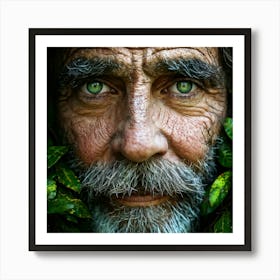 Portrait Of A Weathered Man With A Furrowed Face Composed Of A Mosaic Of Colored Leaves And Textured Art Print