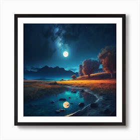 Peaceful Night Scene With Bright Moon And Stars Art Print