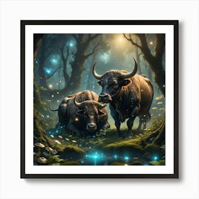 Two Bulls In The Forest 1 Art Print