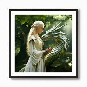 The Blond Woman Standing Tall In Her White Medieval Attire One Hand Resting On The Dragon Art Print