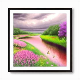 Pink Flowers In A River Art Print