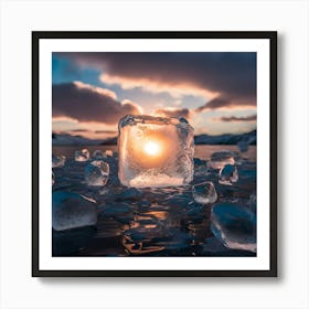 Ice Cube At Sunset ice-cube-macro-sunrise-glaces-photo-cinematic Art Print