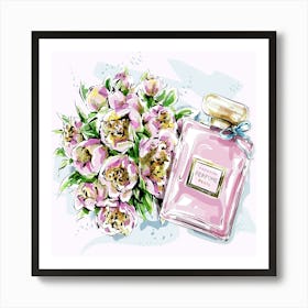 Perfume Bottle And Flowers Art Print