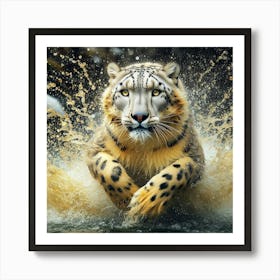 Snow Leopard Running In Water 1 Art Print