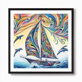 Sailboat With Dolphins 2 Art Print