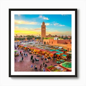 A stunning panoramic view of the bustling Marrakech medina in Morocco. The image encompasses the vibrant red walls of the city, the iconic Koutoubia Mosque in the distance, and the maze-like alleyways adorned with colorful lanterns and locals selling their wares. The atmosphere is a lively blend of culture, history, and the mysterious allure of the desert. The sun casts a warm golden light over the Citya. Art Print