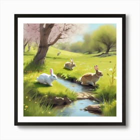 Rabbits In Spring Poster