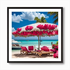 Rose On Umbrella Near Beach Art Print