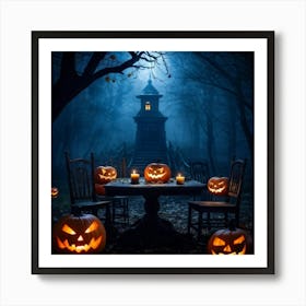 Celebration Old Horror Holiday Tree Moonlight Lantern Mist Head Table Eye Glow Pumpkin (24) Art Print