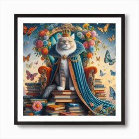 Majestic and Curious - Surrealistic Painting of a Cat with Butterflies and Flowers Art Print