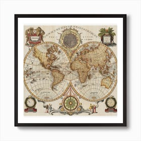 A captivating art print featuring an antique world map with intricate details and vintage aesthetics. This timeless and sophisticated art print adds a touch of wanderlust and historical charm to home decor, making it an ideal choice for travel enthusiasts and those with a love for classic design Art Print