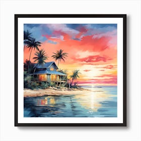 Beachside Bliss: Sunset Watercolour Fantasy Art Print
