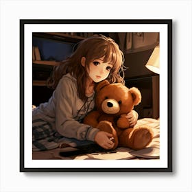 Anime Girl With Teddy Bear Art Print
