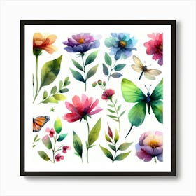 Watercolor Flowers And Butterflies 1 Art Print