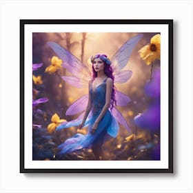 Full Body Photograph, Tiny Fairy Woman, Flying, Beautiful, Iridescent Dragonfly Wings, Violet Hair, Art Print