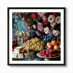 Table With Fruit And Flowers Art Print