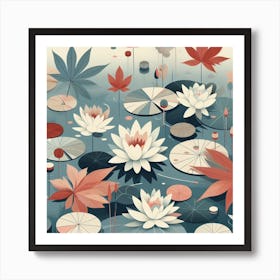 Scandinavian style, Surface of water with water lilies and maple leaves 2 Art Print