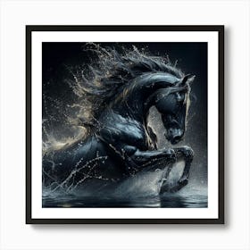 Black Horse In Water Art Print