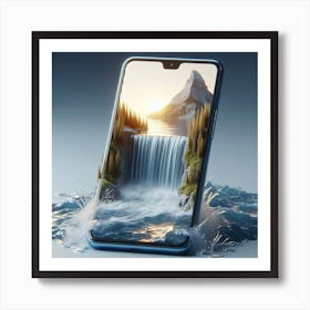 A smartphone whose screen displays a miniature view of a waterfall. 6 Art Print