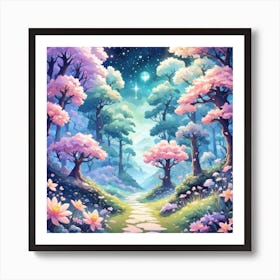 A Fantasy Forest With Twinkling Stars In Pastel Tone Square Composition 248 Art Print