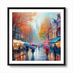 Amsterdam cafes, autumn season, rain, autumn oil colours.Faded colours,People passing on the street, winter clothes, rain umbrellas.12 Art Print