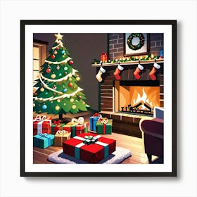 Christmas Tree In Front Of Fireplace 5 Art Print