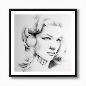 Lauren Bacall Pencil Drawing Portrait Minimal Black and White Old Hollywood Vintage 1940s Film Noir Art Print