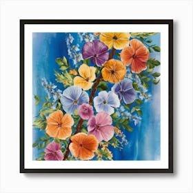 Flowers On A Branch Hand painting of a branch with blue, and other colors flowers. All the flower colors are harmoniously matching., painting Art Print