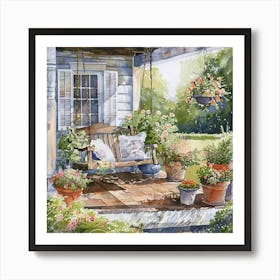 The Porch at the Country Farmhouse | Swing Pots of Flowers Watercolor Painting | Idyllic Countryside Home Sweet Home | HD Art Print