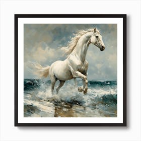 white horse in the surf Art Print