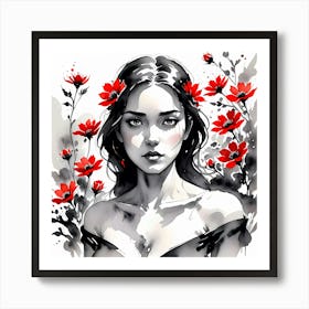 Whispers of Crimson: A Selective Colour Artwork With A Girl Surrounded By Red Flowers Art Print