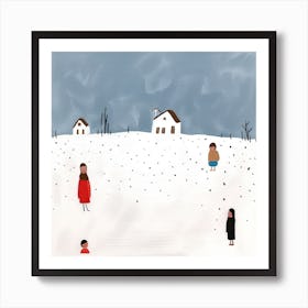 Winter Snow Scene, Tiny People And Illustration 1 Art Print