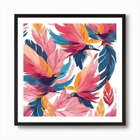 Feathers & Birds, Pink, Blue & Yellow Art Print