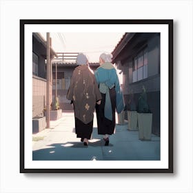 Two Women Walking Down A Street Art Print