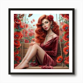 Red Haired Girl In Red Poppy Field Art Print