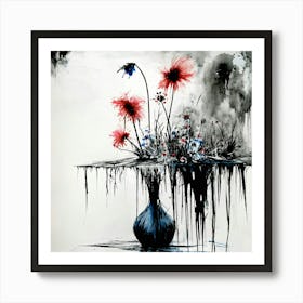 Flowers In A Vase Stephen Gammell style, dessin, aquarelle, aquarelles, noir et blanc et rouge , de marais, de sombres créatures, dégoulinant, pink and blue flowers in a vase placed on a table.. 1 Art Print