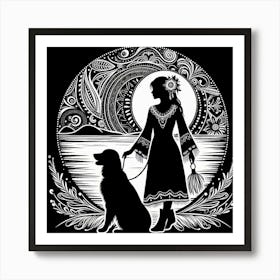 Boho art Silhouette of woman with dog Art Print