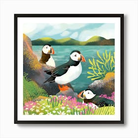 Puffins on the shore Art Print