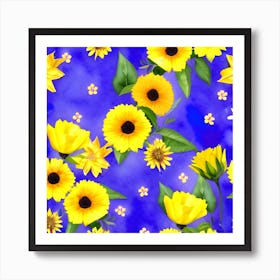 Sunflowers On Blue Background 1 Art Print