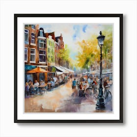 Amsterdam Street Scene.Amsterdam city.summer. Cafes. Passersby, sidewalks. Oil colors. Art Print