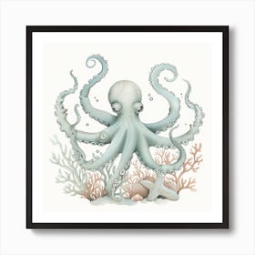 Storybook Style Octopus With Coral 4 Art Print