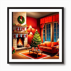 Christmas Living Room, gifts, socks, lights, Christmas Tree art, Christmas Tree, Christmas vector art, Vector Art, Christmas art, Christmas Art Print