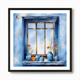 Blue wall. Open window. From inside an old-style room. Silver in the middle. There are several small pottery jars next to the window. There are flowers in the jars Spring oil colors. Wall painting.48 Art Print